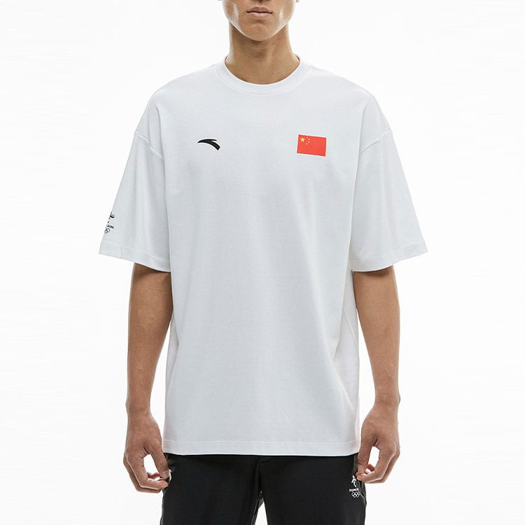 Anta National Flag T Shirts Unisex White Crew Neck Moderate Straight Fit 152130132-1