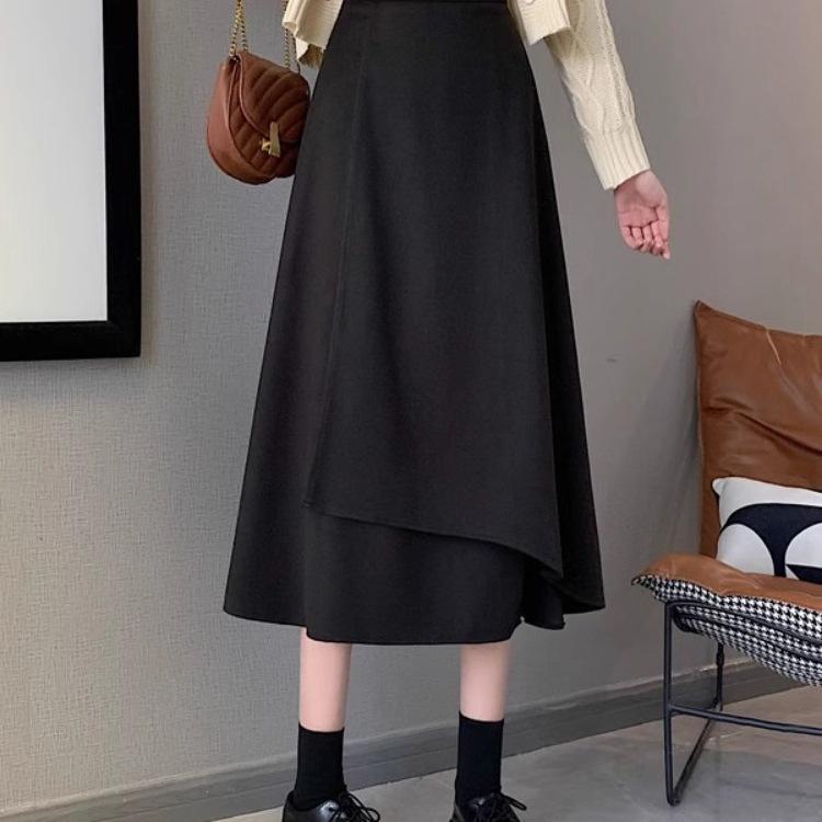 Women's Black A-Line Skirt: High Waist, Irregular Hem, Hip-Covering, Large Swing, Medium to Long Length, Korean Style, Plus Size.