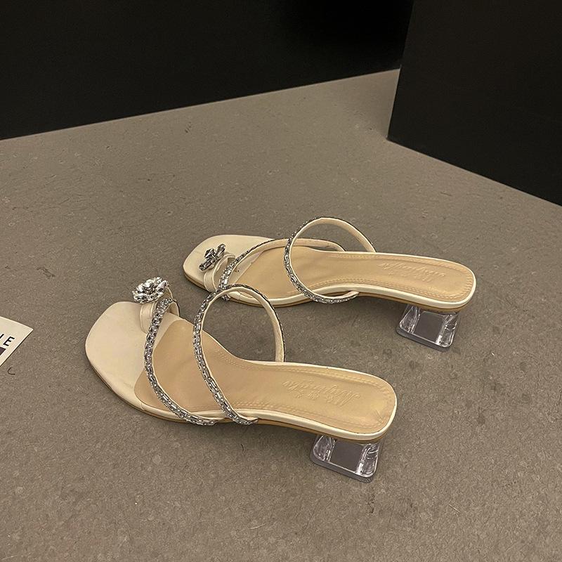 

Популярные французские ретро сандалии с квадратным носком и стразами женская уличная обувь 2025 лето новая универсальная модель с перемычкой между пальцами повседневные сандалии 40 бежевый