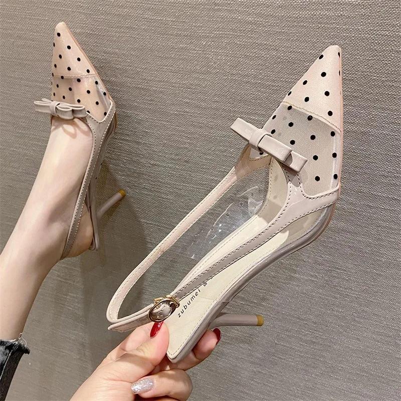Women's 2025 New Polka Dot Chunky Heel Graceful Pointed Toe Shallow Mouth Slimming Baotou Bow Shoes Women Sandals  4.