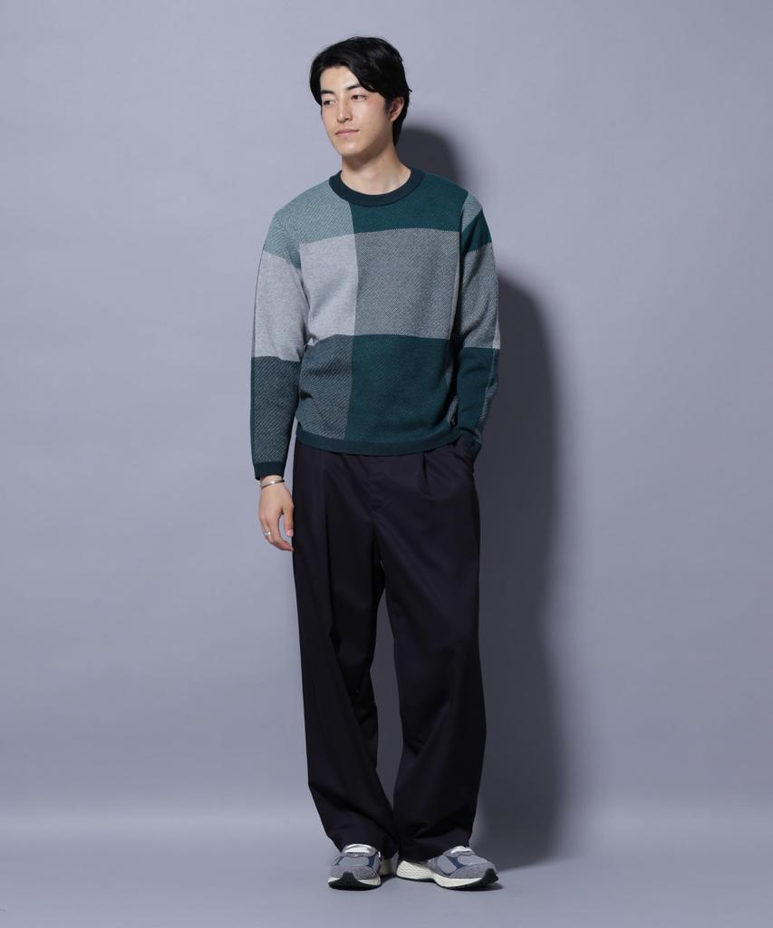 Nano Universe Block Check Crew Neck Size L Men's Knit, (140), Green, 672-5222209