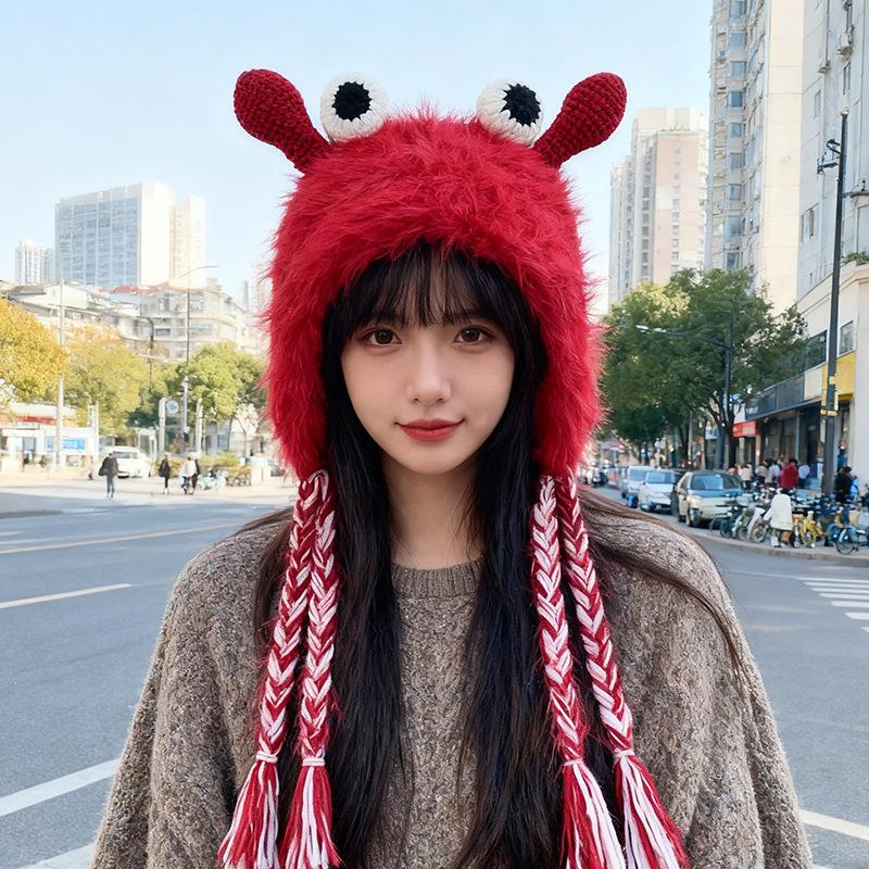 New Women'S Red Blue Plush Hat Winter Warm Cute Cartoon Knitted Earflap Beanie With Braided Tassels For Ladies Hats Casual