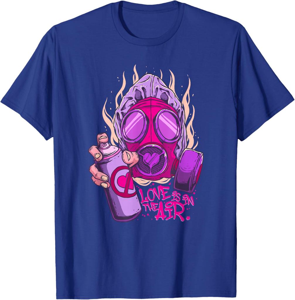 Love Is in the Air Gas Mask Graffiti Graphic Tee Casual Cotton Short Sleeve T-Shirt for Men Women