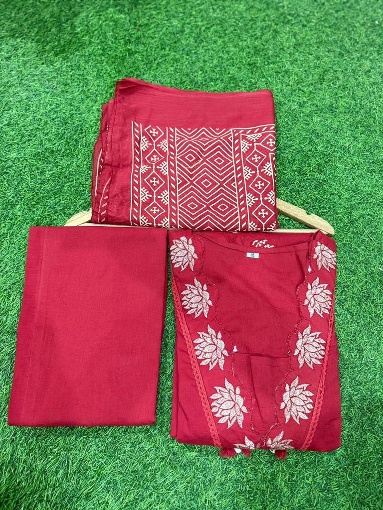 Beautiful Cotton Fabric Kurta Pant Dupatta Set Women Indian Bollywood Top Tunic Kurti Salwar Suit