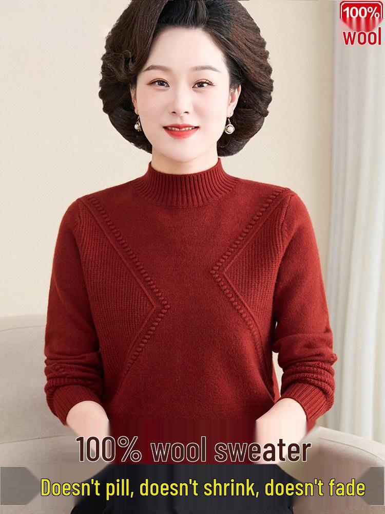 Luomeng 100% Pure Wool Thick Half-Collar Knit Sweater for Middle-Aged & Elderly Women