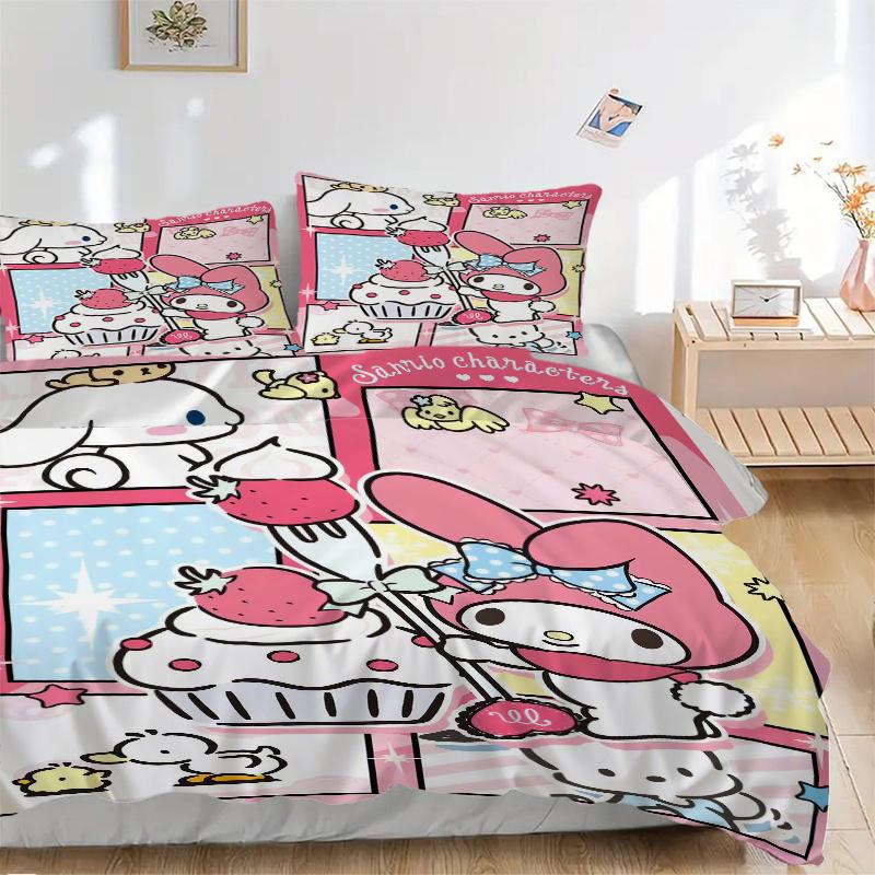 

3 шт. Набор постельного белья с дизайном «Клубничный торт» My Melody и Pochacco, Включает 1 пододеяльник и 2 наволочки, Без наполнителя, Мягкий и удобный 135x200cm