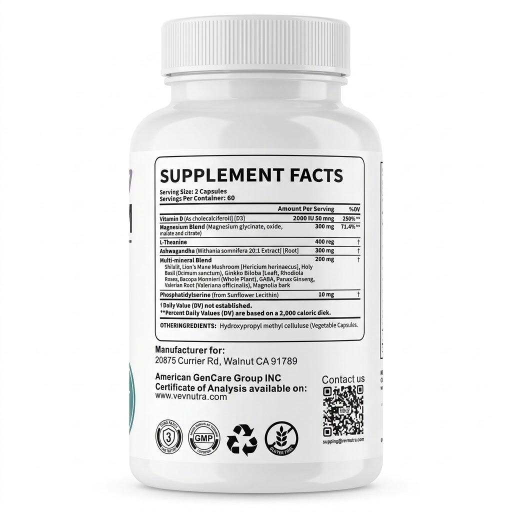 VEV 15-in-1 Magnesium Glycinate Complex with Ashwagandha & L-Theanine (120 Capsules)