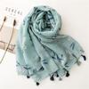 Women's Tassel Scarf: Green Leaf Print, Cotton-Linen Blend, Multi-Functional Shawl for Sun Protection, Spring To Autumn.