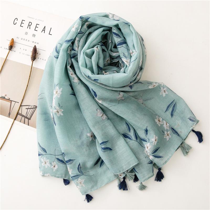 Women's Tassel Scarf: Green Leaf Print, Cotton-Linen Blend, Multi-Functional Shawl for Sun Protection, Spring To Autumn.