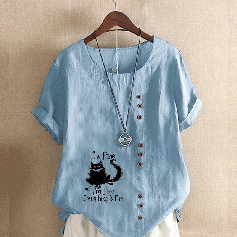 Women's Fashion Black Cat Prined Short Sleeve T-shirt Loose Cotton Shirt Casual Loose Summer Blouse Tops Plus Size