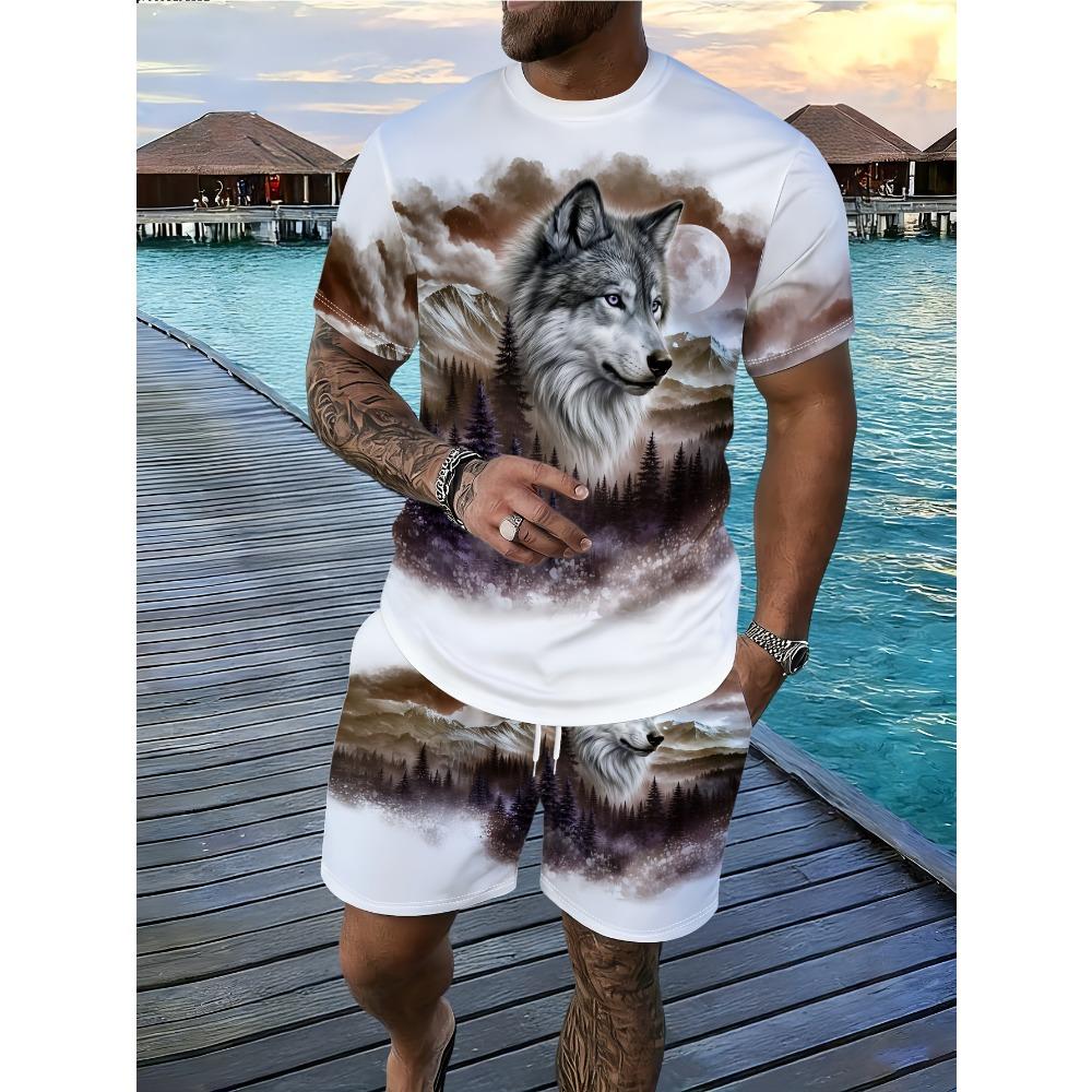 Men's Wolf Pattern Printed T-shirt and Shorts Set Summer Casual Sports 2pcs
