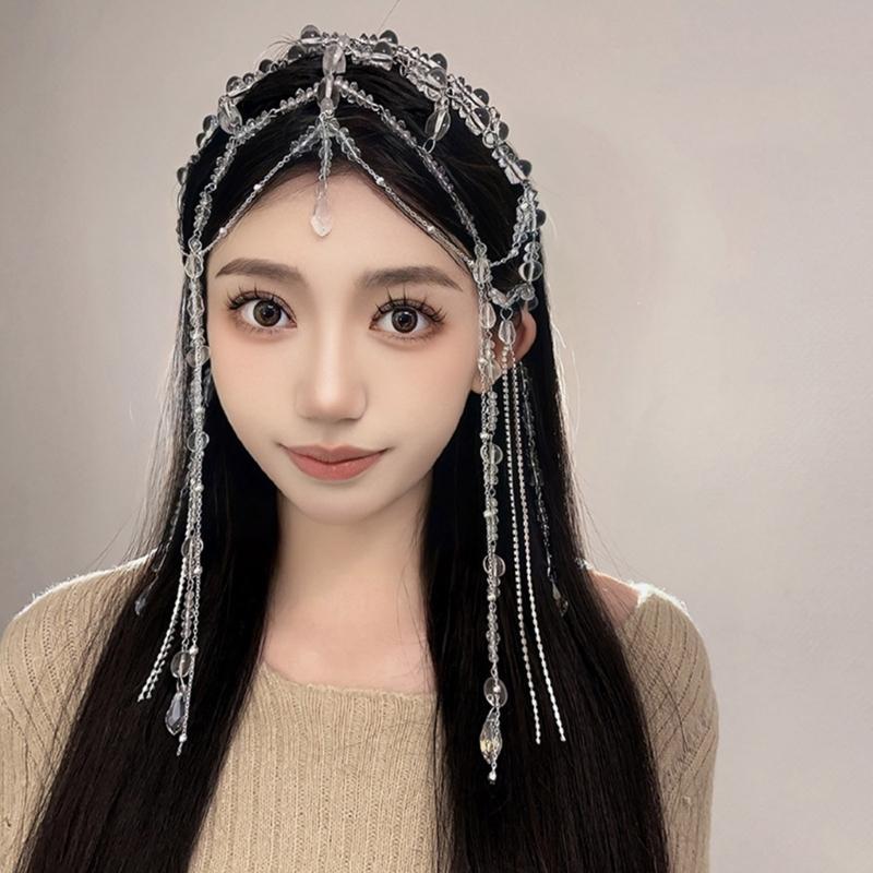Long Tassel Water Drop Crystal Women Head Chains Clear Bead Forehead Headbands Wedding Party Fairy Ornaments Hairband