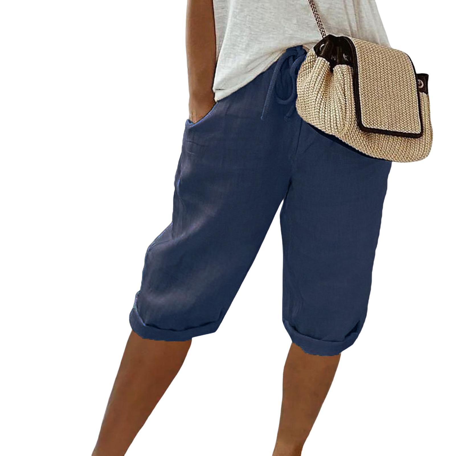 

Брюки с эластичной талией, винтажный стиль, дышащие брюки длиной до колена с карманами для женщин, брюки с эластичной талией и завязками, однотонные M