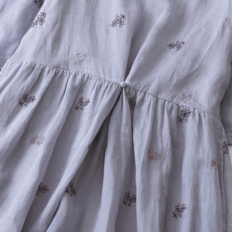 2025 summer new loose large size big swing dress children embroidered round neck seven-quarter sleeve cotton and linen dress