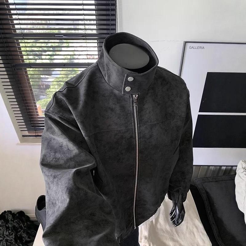 Herren Retro Tie-Dye PU-Leder Stehkragen Jacke - Amerikanischer High-End Stil, Coole Silhouette, Motorrad Arbeitskleidung