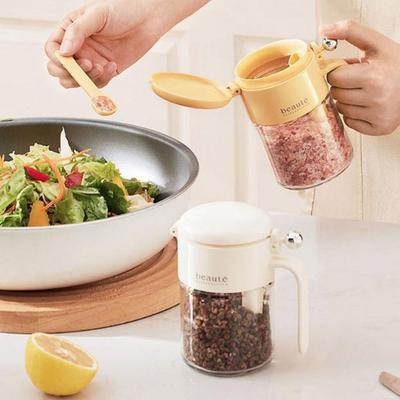 400ml Glass Seasoning Jar Large Capacity Push Type Sealed Seasoning Jar Moisture-proof with Spoon Sugar and Salt Container