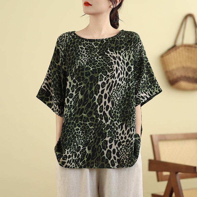 

Короткий рукав свободного покроя хлопковый винтажный леопардовый повседневный свободный топ футболка женская летняя футболка XXXL зелёный