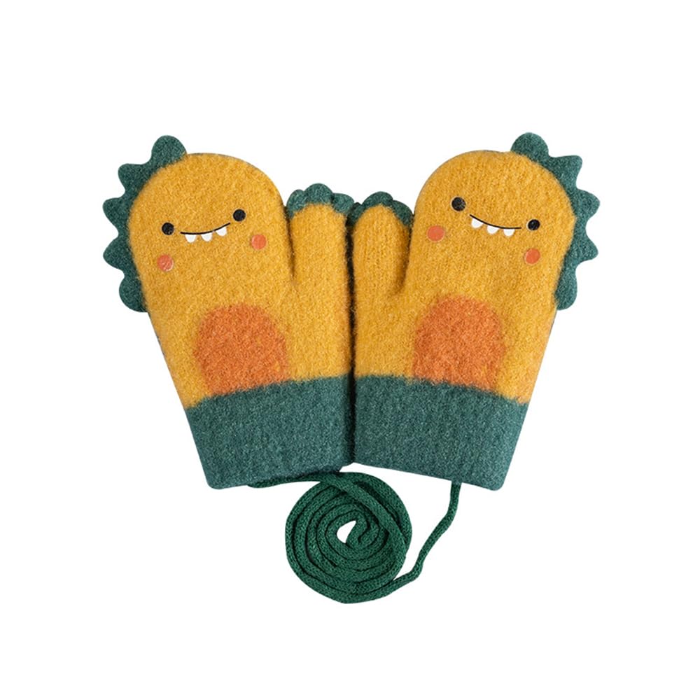 Winter Dinosaur Design Cute Animal Warm Fleece Thick Knit Gloves for Babies [fyetemon] Kids' Gloves, Print, Lining, (Yellow)