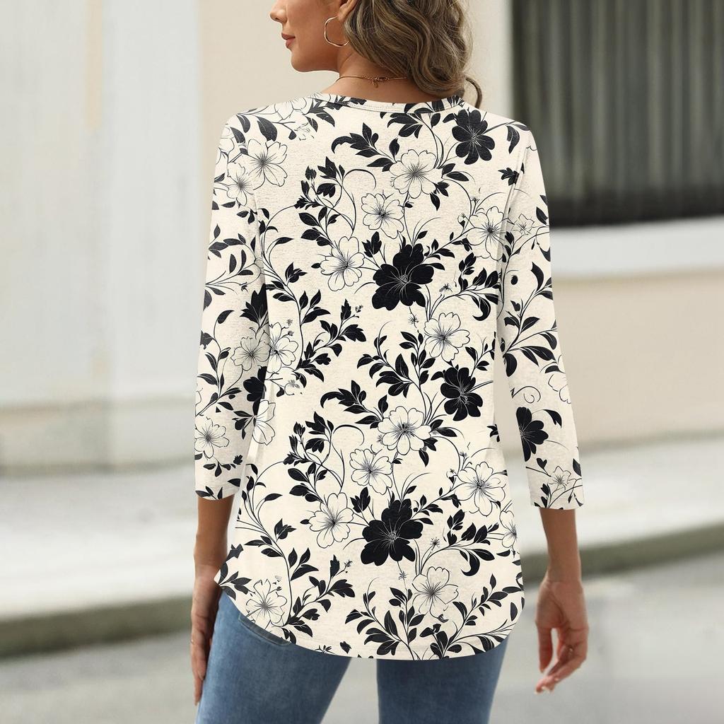 Dámské tričko s potiskem, knoflíky, 3/4 rukávy, pro každý den, na víkend, módní, základní, s výstřihem do V, běžný top