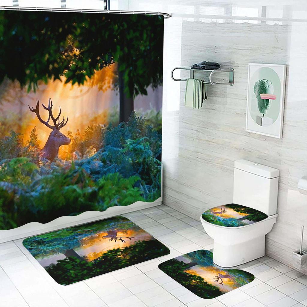 Cartoon Deer Animal Giraffe Shower Curtain Bath 4 Pcs Set Cute Luxury Accessories Sets Full Mats Gifts for Boys Girls