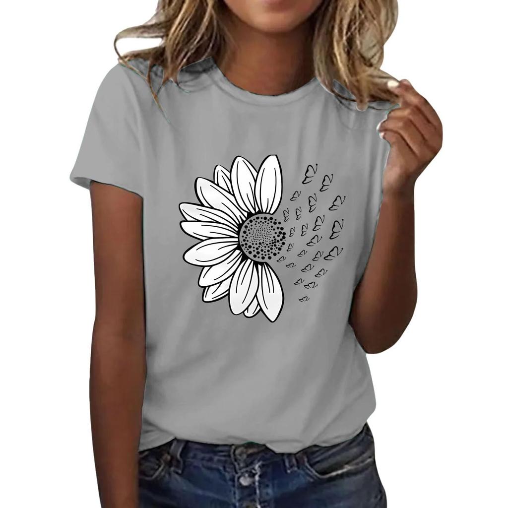 Women's Casual Floral Print Short Sleeved T-shirt With Round Neck  Top
