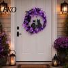 Orange Warm Light Halloween Decor Floral Garland, with String Lights, Black Cat Silhouette Nighttime Glowing Wreath Wreath, for Front Door