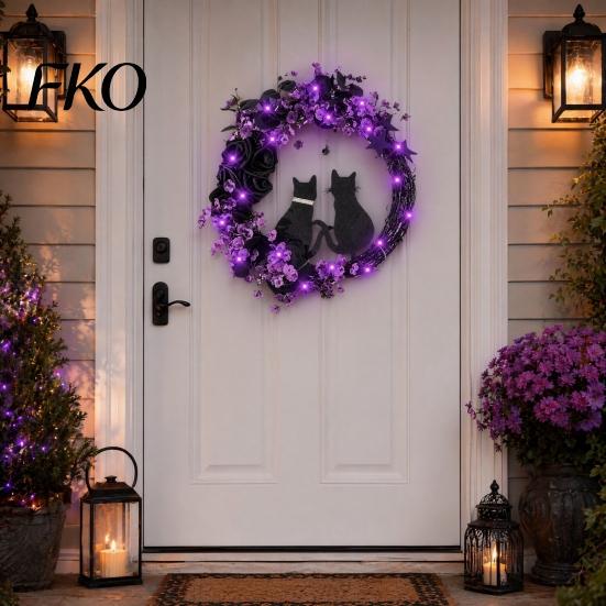 Orange Warm Light Halloween Decor Floral Garland, with String Lights, Black Cat Silhouette Nighttime Glowing Wreath Wreath, for Front Door
