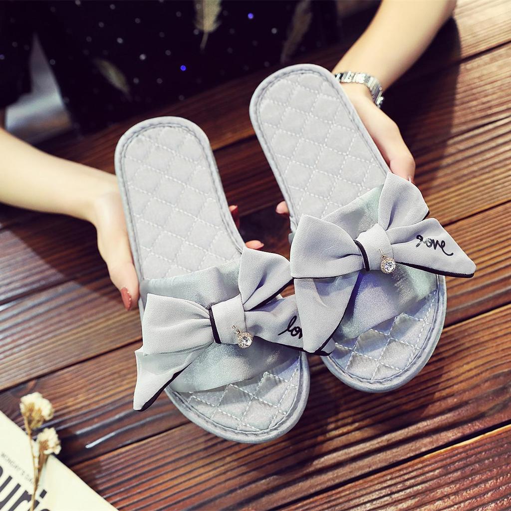 Elegant Korean Silk Bow Slippers - Handmade Satin Flats for Women