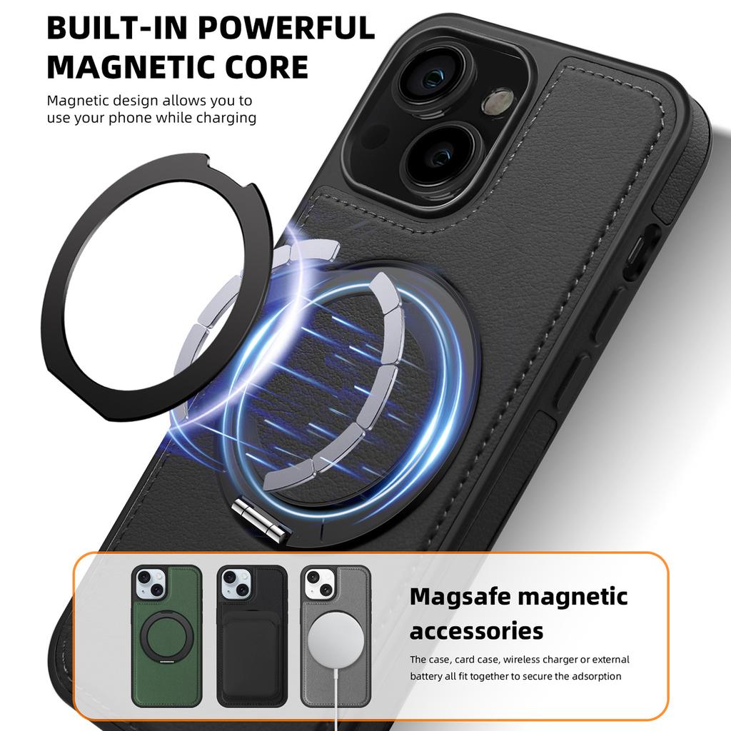 For iPhone 14 Case with Ring Kickstand Compatible with MagSafe PU Leather Back Cover