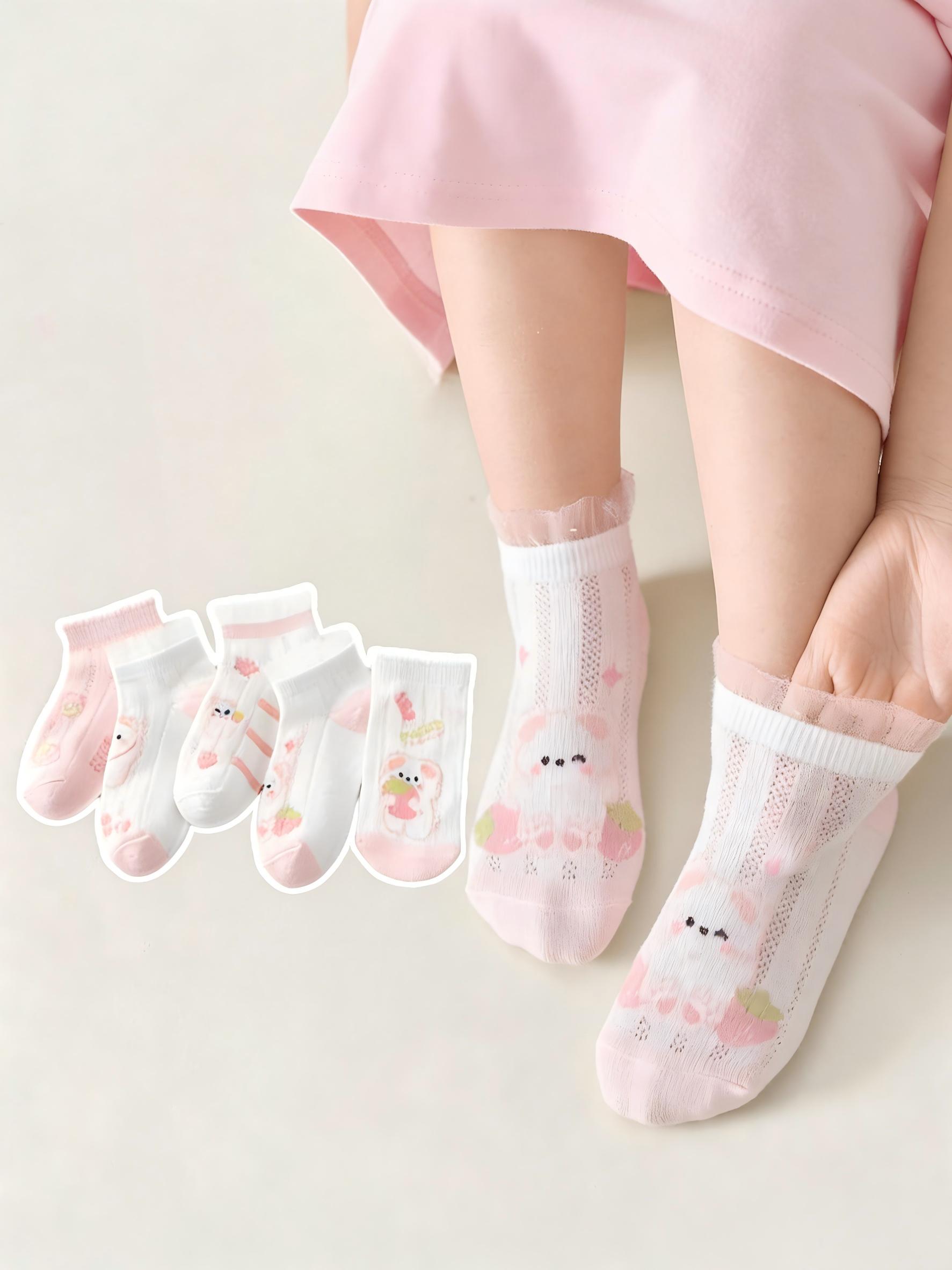 5 Pairs Girls Summer Thin Socks Ultra Thin Breathable Mesh Cotton Ankle Socks For Kids Comfortable Lightweight Daily Wear 4-6T розовый