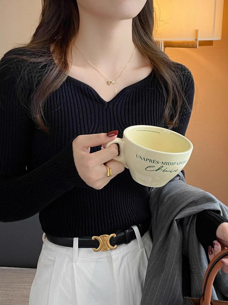 

2025 Basic V-neck Chic Autumn Winter Pullover Women Female Knitted Ribbed Sweater Slim Long Sleeve Badycon High Quality Sweater One Size