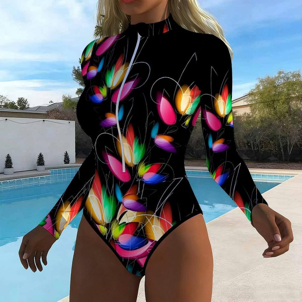 Women Long Sleeve One Piece Swimsuit Zip Front  Splashed Ink  Print Rash Guard Surfing Bathing Suit