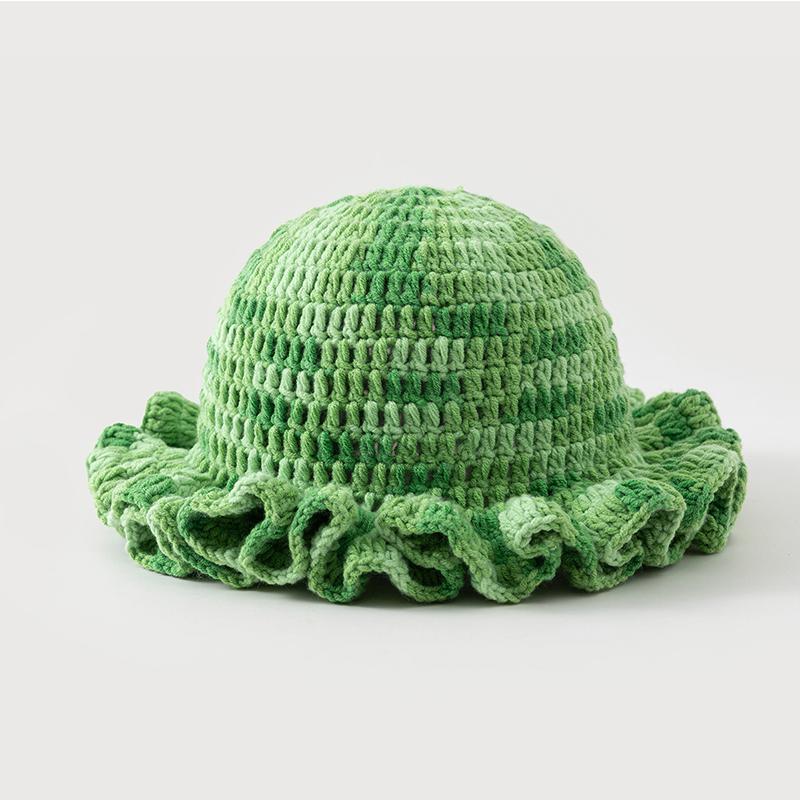 New Colorful Crochet Ruffle Brim Knit Bucket Hats Winter Woman Handmade Stretch Fisherman Cap Outdoor Warm Windproof Beanie Hat