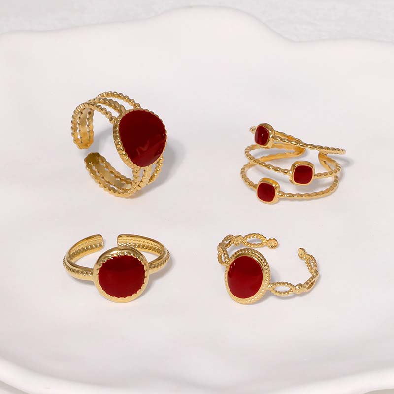 Vintage Red Drip Oil Geometric Rings for Women Stainless Steel Gold Color Heart Opening Adjustable Finger Rings Jewelry New