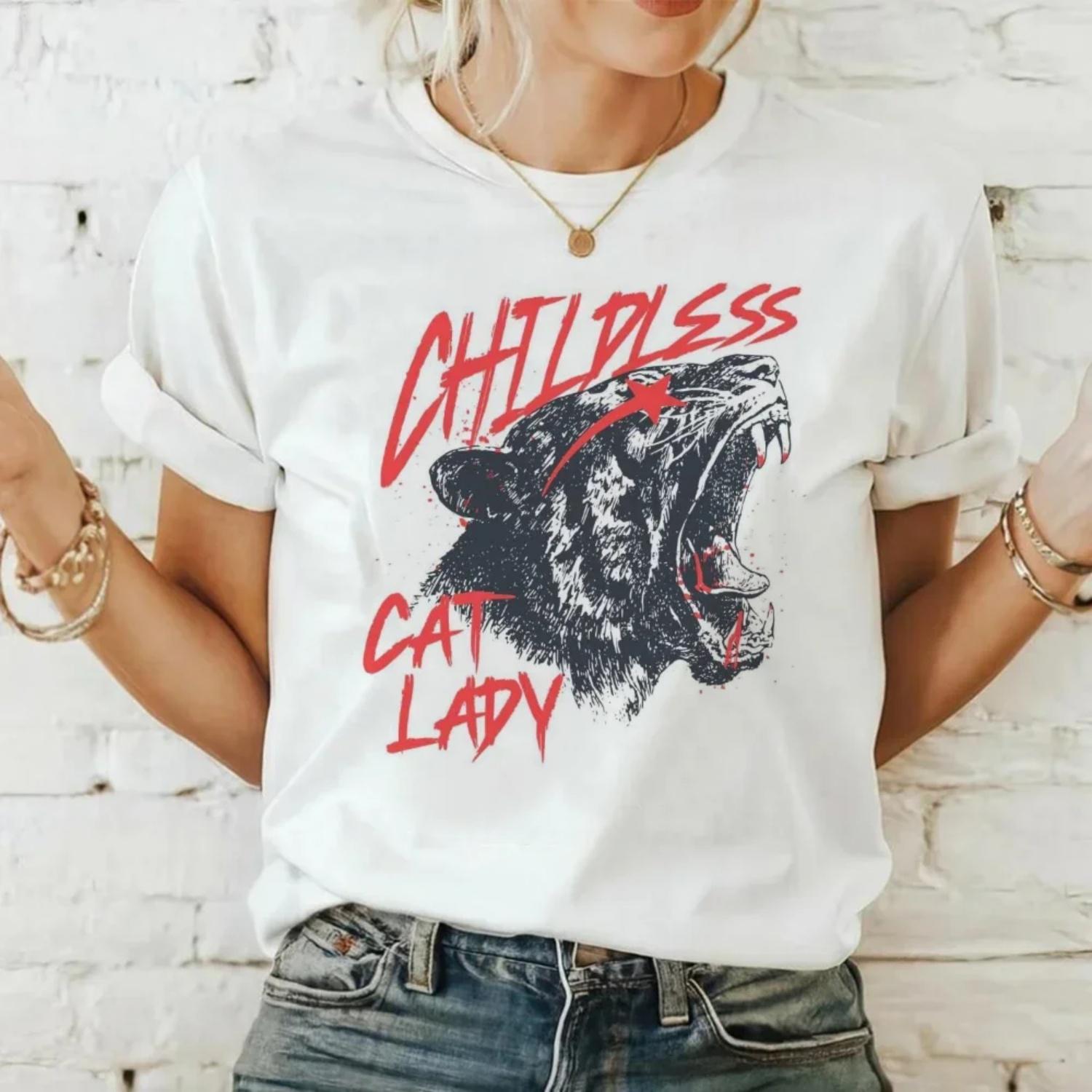 

T-Shirt Fashion Childless Cat Ladies Against Fascism Printed Cute Top New Women s Gothic Trendy Style O-Neck Street T-Shirt XXXXXL білий