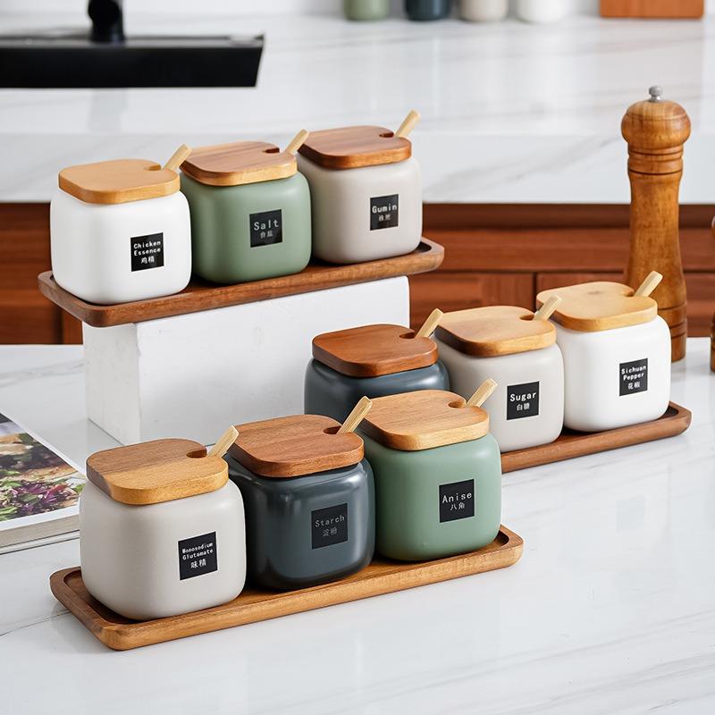 Japanese Style Kitchen Frosted Ceramic Spice Jar Set Creative Simple Seasoning Box 3-piece Set Salt, Sugar and Pepper Shakers