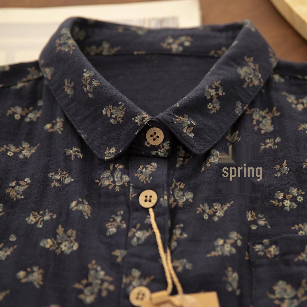 Spring Yuanbao Collar Floral Print Double Layer Gauze Cotton Shirt - Women's Loose Cotton Linen Style