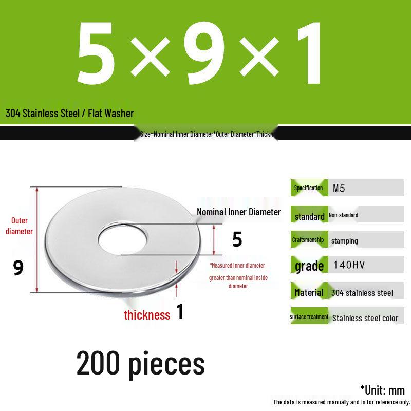 304 Stainless Steel Thickened Flat Washer Set, Sizes 2-36