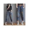 Women Spring Street Feather Embroidery Color Contrast Loose Thin Drawstring Pockets Elastic Waist Denim Pants Female