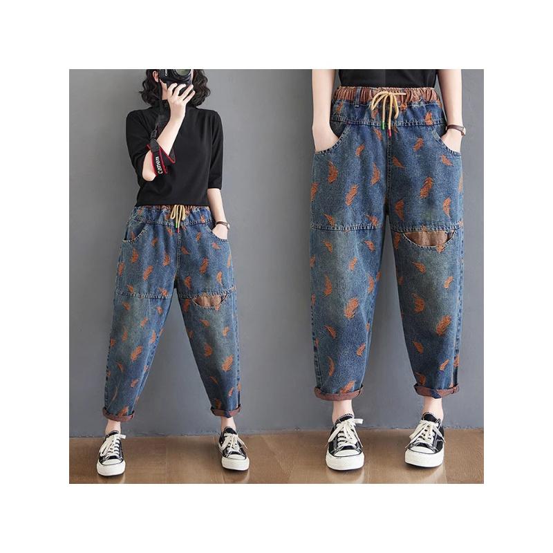 Women Spring Street Feather Embroidery Color Contrast Loose Thin Drawstring Pockets Elastic Waist Denim Pants Female