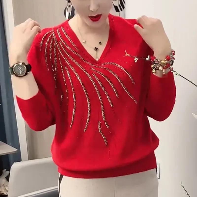 Women V-neck Sweaters Pullovers Solid Diamonds Temperament Casual Long Sleeve Bottoming Shirt Knit Tops