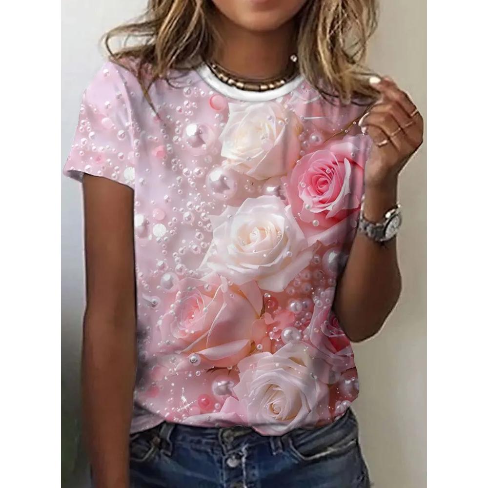 Fashion Flower Print Women's Top Casual Short Sleeve Comfortable Versatile T-Shirts Women’s