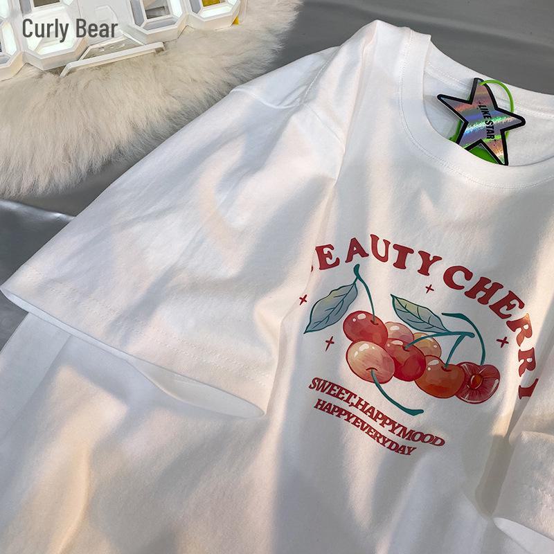 7 Cherries Women's 230g Cotton Short-Sleeve T-Shirt, 2024 Edition - Loose Fit, Soft & Sweet Style