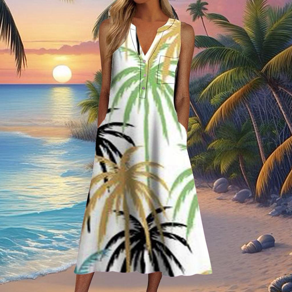 European and American summer new women's clothing, fashionable pocket V-neck striped sleeveless casual dress