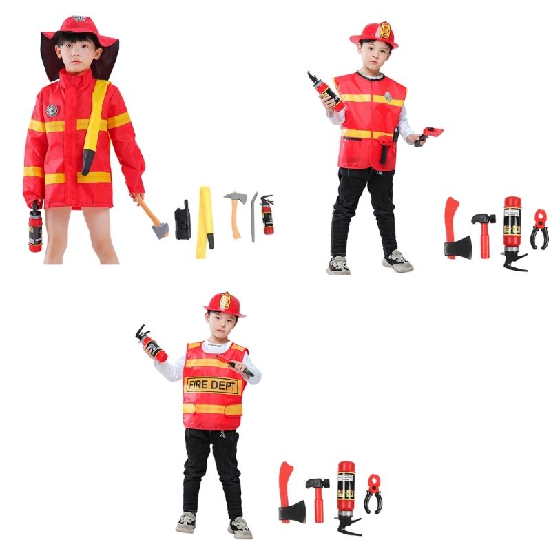 Kid Firefighter Dress Up Outfits Boys Firefighter Costumes Firefighter Dress Up Vest with Firefighter Hat for Halloween