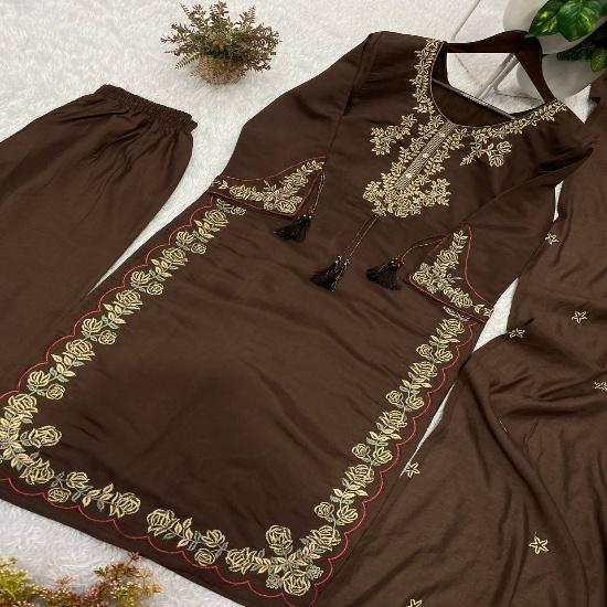 Charismatic Embroidered 3-Piece Silk Straight Kurta Pant Set