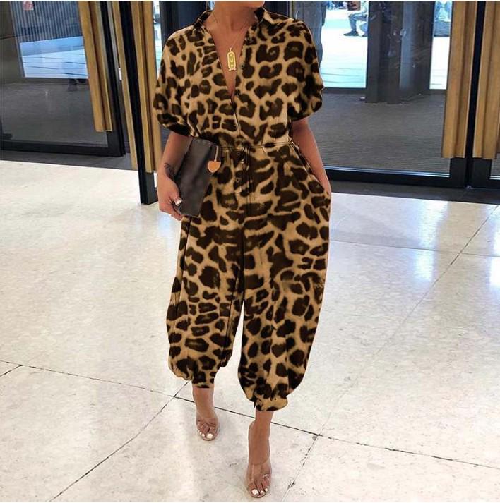 2020 Women's European Retro Leopard Print Short Sleeve Jumpsuit, Loose Plus Size, High Waist, Leg-Slimming Design