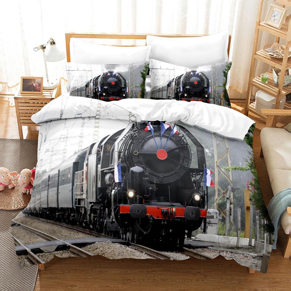 Steam Engine Duvet Cover Set Black Smoke Vintage Locomotive Train Picture King Queen Size For Kid Boy Girl Polyester Bedding Set