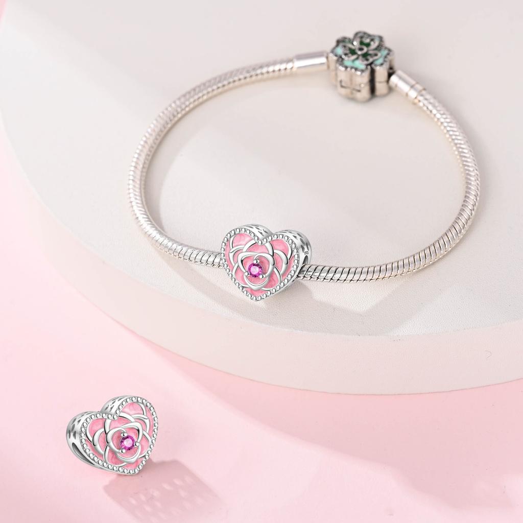 New Copper Romantic Love Rose Metal Colorful Heart-Shaped Bead Charm Fit Original Bracelets Diy Jewelry Accessories