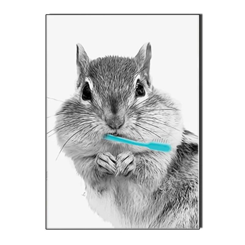 Raccoon Shark Giraffe Parrot Lion Brushing Teeth Canvas Painting Bathroom Wall Art Poster Toilet Decor Shower Room Decoration